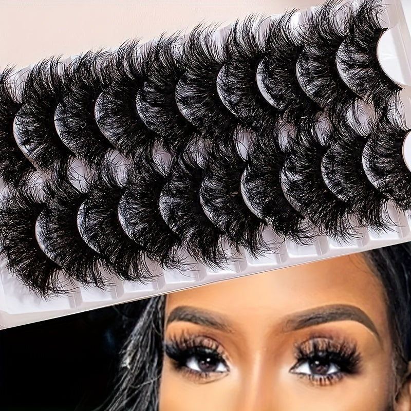 10 Pairs 25mm Super Fluffy False Eyelashes, Artificial Mink Thick Volume Lashes, Natural Looking 8D Dramatic Extension, Long-Lasting, Eye-Catching Shine, Unscented Pair - Beauty Enhancing Fake Lashes